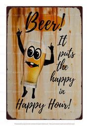 Vintage tin metal sign with 'HAPPY HOUR' design, featuring retro typography and a playful door lock warning. Ideal for adding charm to home bars, sheds, garages, or drinking areas. Distressed finish for a nostalgic look.