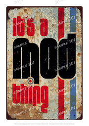 "Retro tin sign featuring a Lambretta scooter and 'MOD THING' in bold 1960s Mod style."