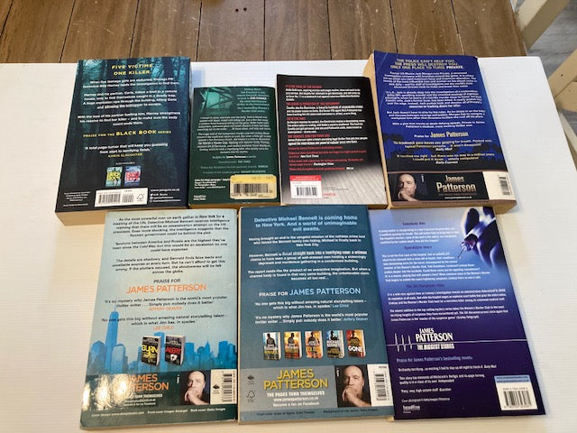 James Patterson seven-book bundle — rear covers of all seven books