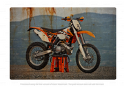 "KTM 250 BIKE" vintage-style metal sign with a rustic, distressed design featuring the iconic motorcycle. Ideal for decorating garages, sheds, home bars, or workshops with a retro motorbike theme.