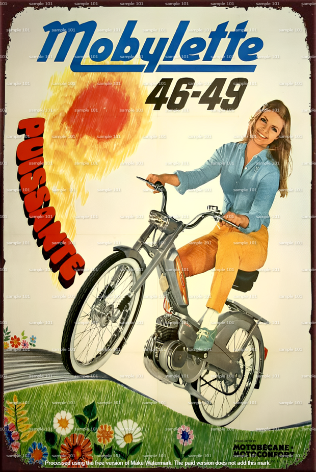 "MOBYLETTE BIKE" vintage-style metal sign with a rustic, distressed design featuring the classic Mobylette motorized bicycle. Ideal for decorating garages, sheds, home bars, or man caves with a retro, nostalgic theme.