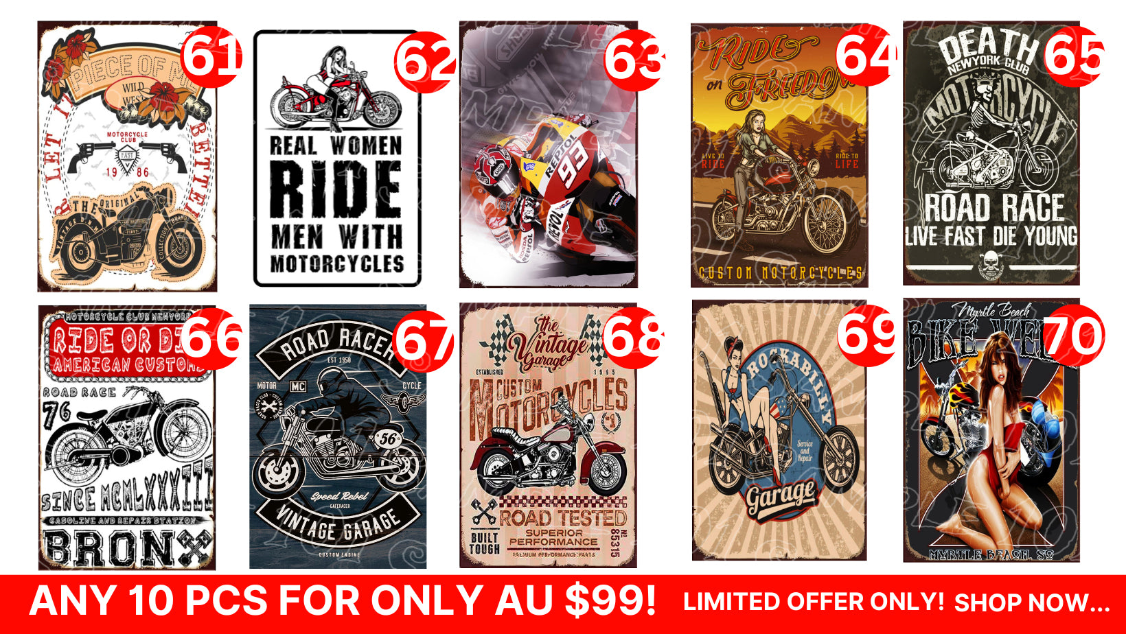 Bulk Buy-Motorcycle Signs 10 Designs Retro/ Vintage Tin Metal Sign Man
