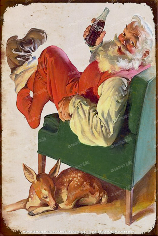 PAUSE WITH REFRESHNESS Santa Claus Vintage Rustic Look Home Wall Décor Bar Wall Tin Metal Signs