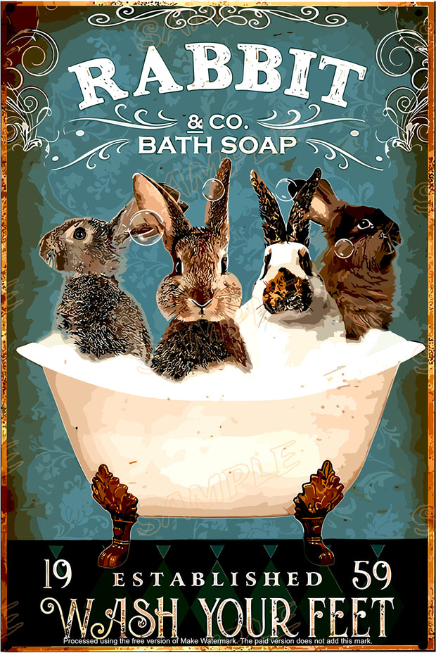 RABBIT BATH Retro Shed Garage Home Office Decorative Wall Rustic Look Tin Metal Signs