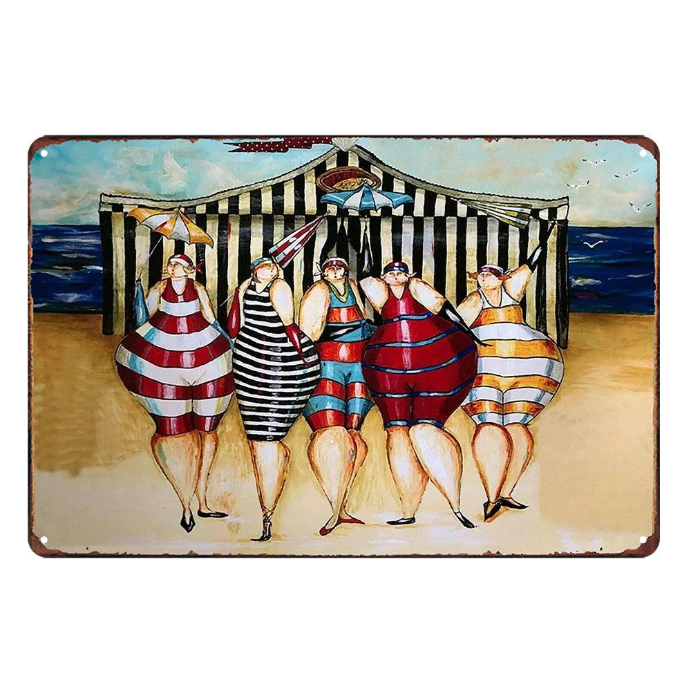 2x Beach 5 Fat Ladies Sunbathing Ocean Rustic Metal Sign Vintage Tin