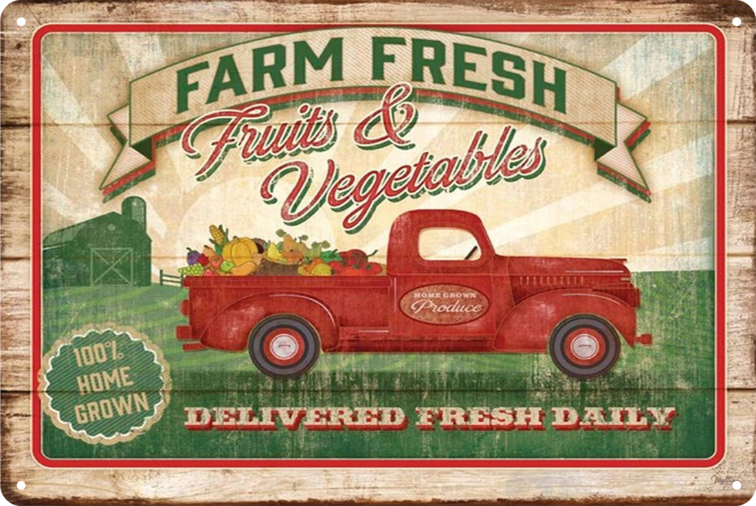 Farm Fresh Fruits & Vegetables Red Truck Tin Sign Rustic Vintage 20x30cm product image
