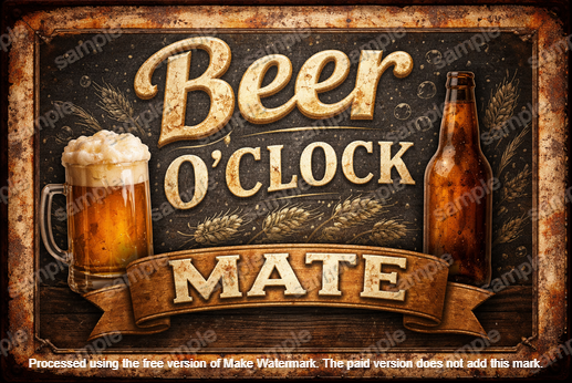 BEER O'CLOCK MATE Vintage Look Man Cave Shed Garage Humorous Decor Metal Sign