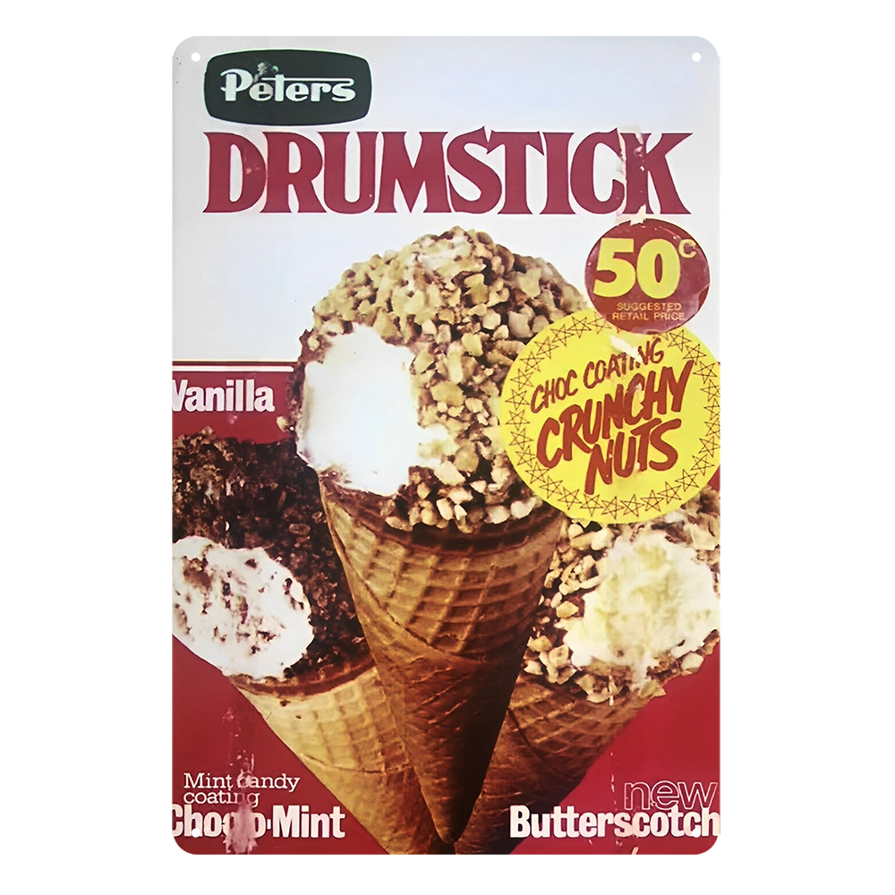 DRUMSTICK PETERS BUTTERSCOTCH CHOC NUTS Tin Metal Sign Rustic Look Vintage - Tin Sign Factory Australia