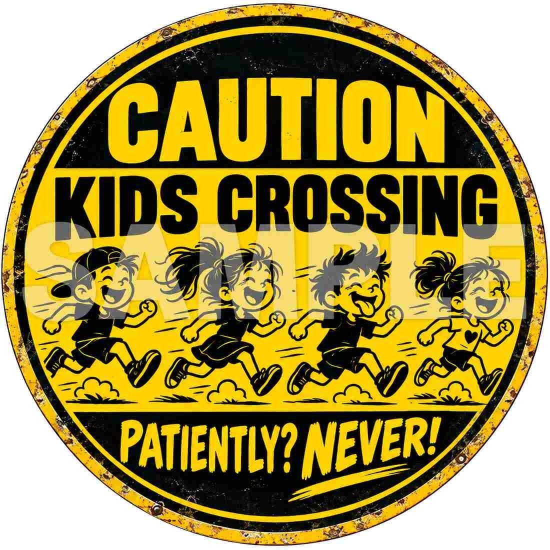 Kids Crossing Funny Round Metal Sign Garage Man Cave Decor