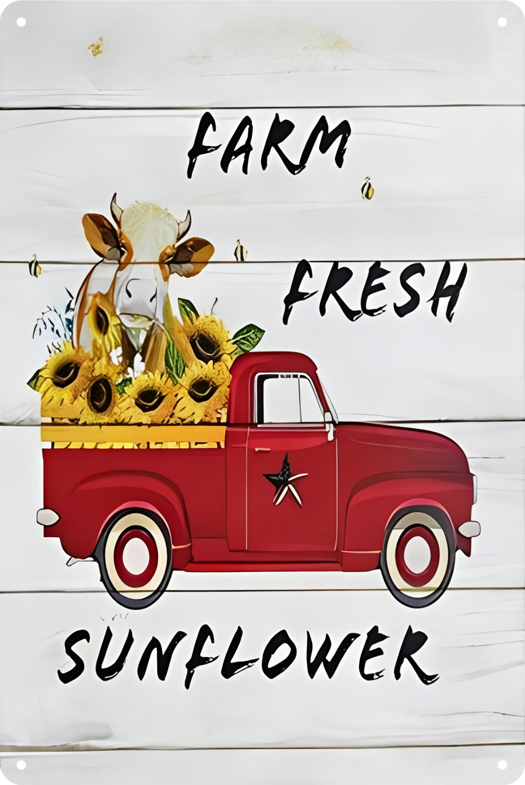 Farm Fresh Sunflower Red Truck With Cow Flower Tin Sign Rustic 20x30cm product image