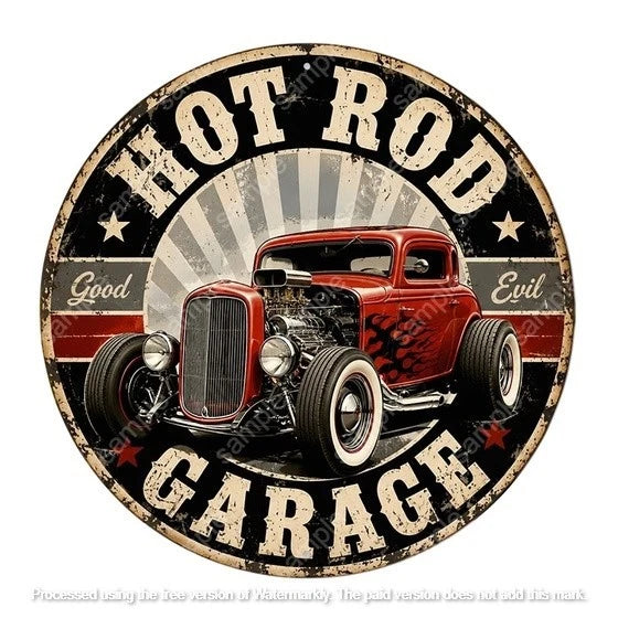HOT ROD GARAGE 40 cm round aluminium sign