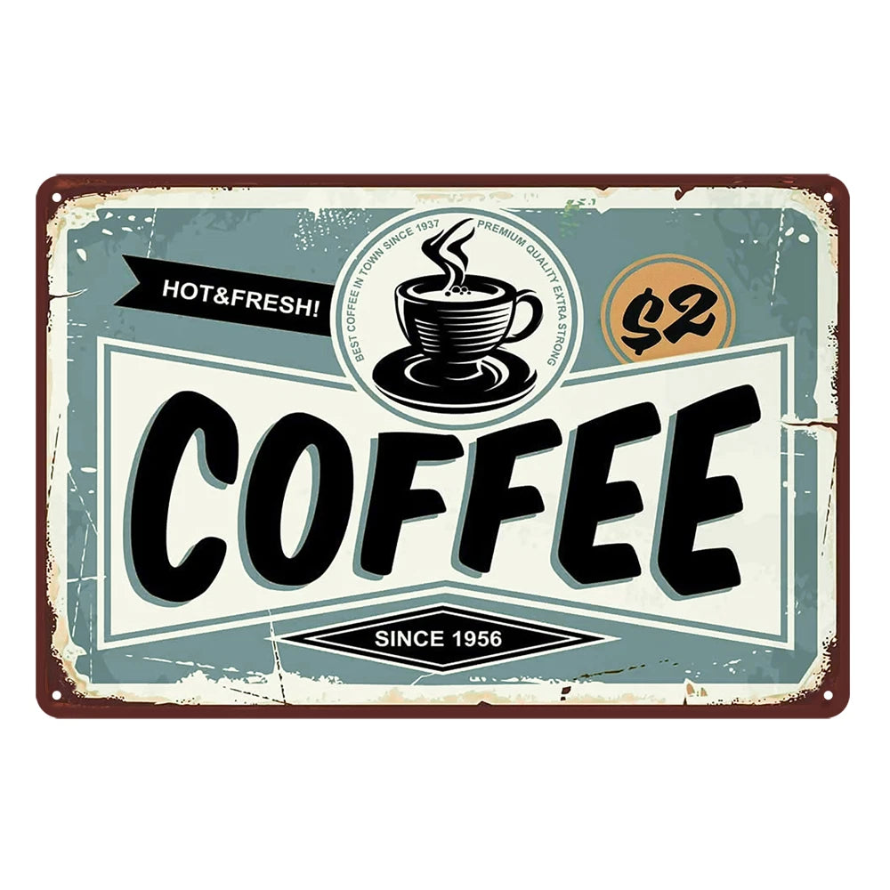 2x Coffee Hot Fresh Since 1956 Rustic Metal Sign Vintage Tin Shed