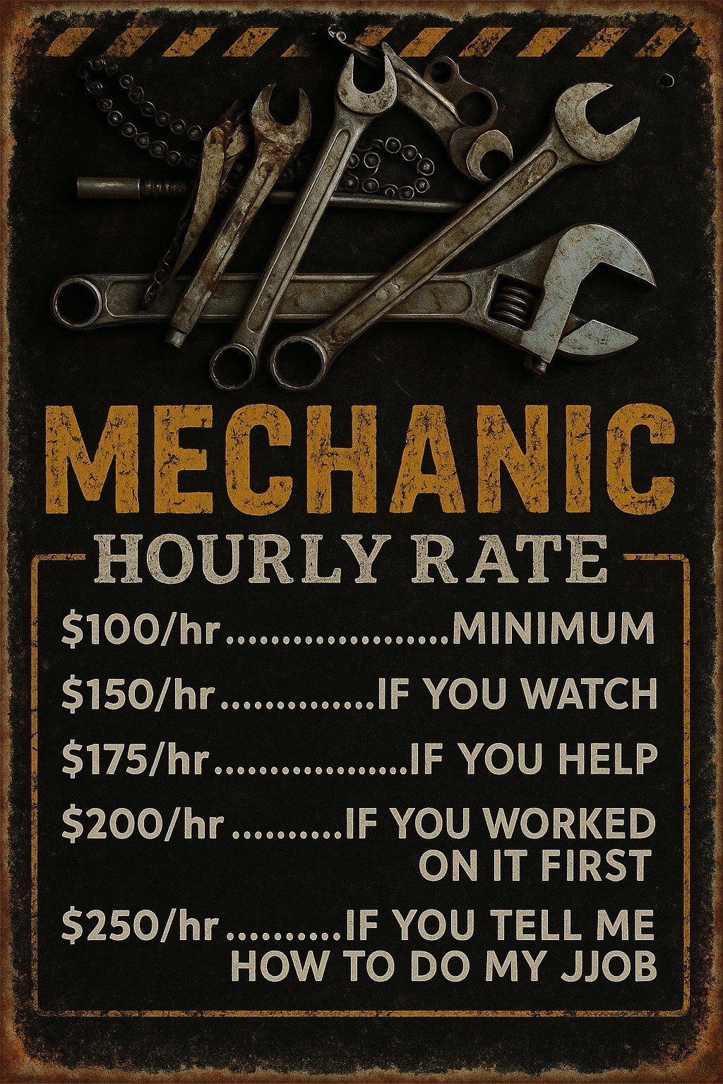 Mechanic Hourly Rate Funny Gift Gifts  Cars plate signs Man Cave Decor - Tin Sign Factory Australia
