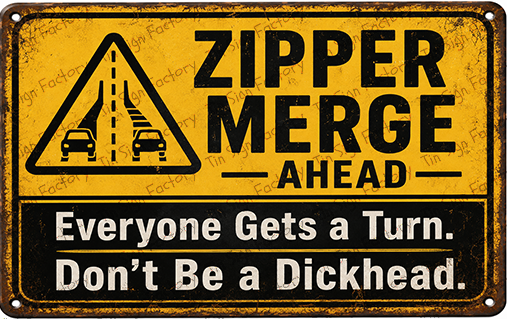 ZIPPER MERGE Home Workshop Shed Garage Bar Shop Traffic Warning Tin Metal Sign - Tin Sign Factory Australia