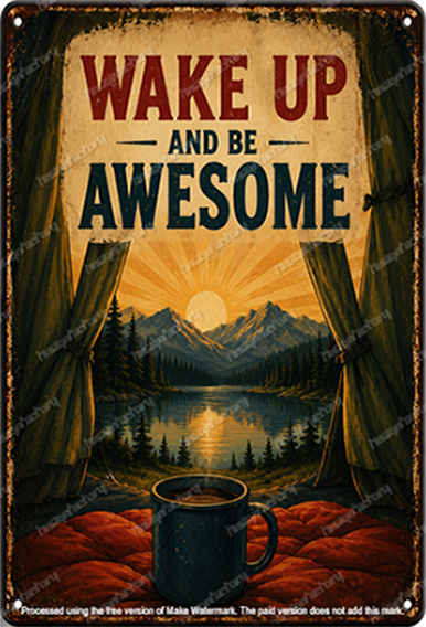 Wake Up & Be Awesome Tin Metal Sign Bar Pub Man Cave Camping Home Wall Decor - Tin Sign Factory Australia