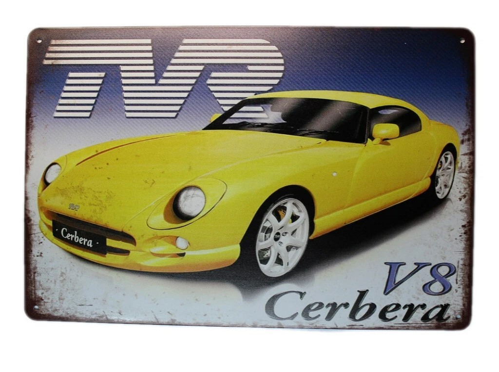 Tin Sign TVR V8 CERBERA YELLOW Sprint Drink Bar Whisky Rustic Look - Tin Sign Factory Australia