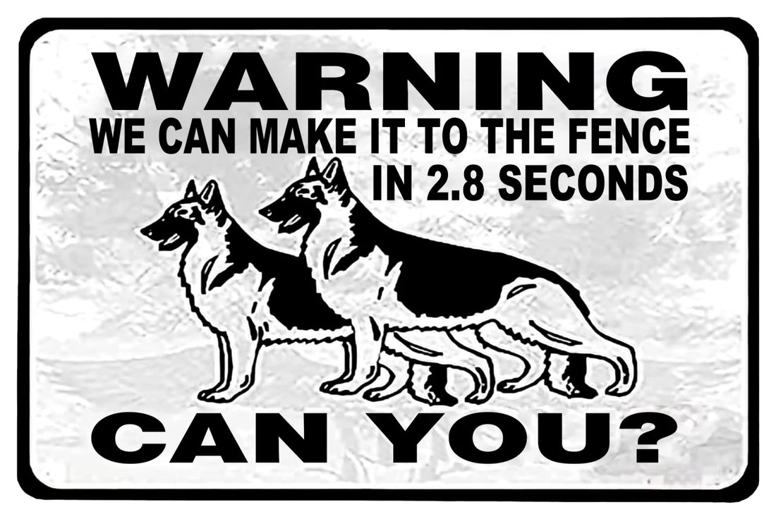 2x Warning Dogs Can You? We Can Make It to Fence in 2.8 Second Tin