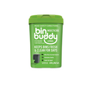 Green container of 'bin buddy' 
insecticide 