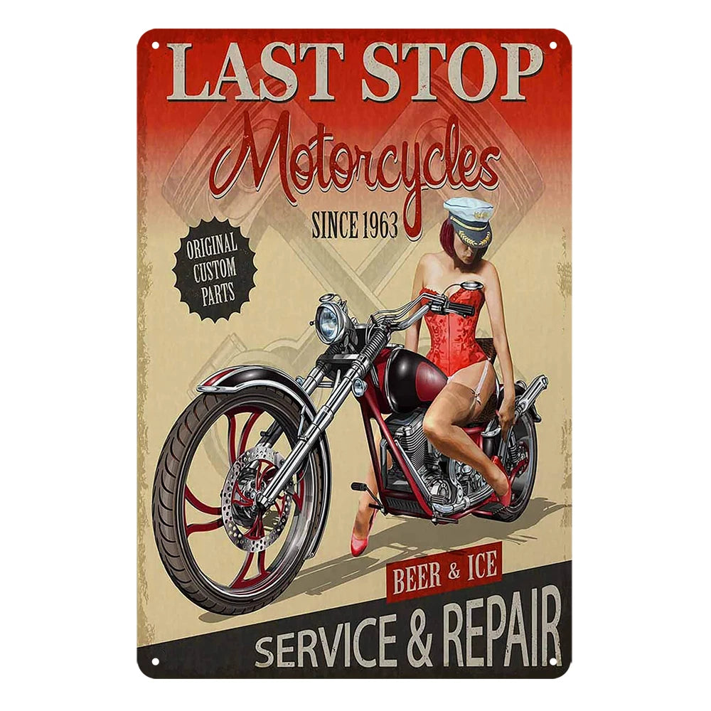 3x Pin Up Girl Sexy Last Stop Motorcycles Rustic Tin Sign Vintage