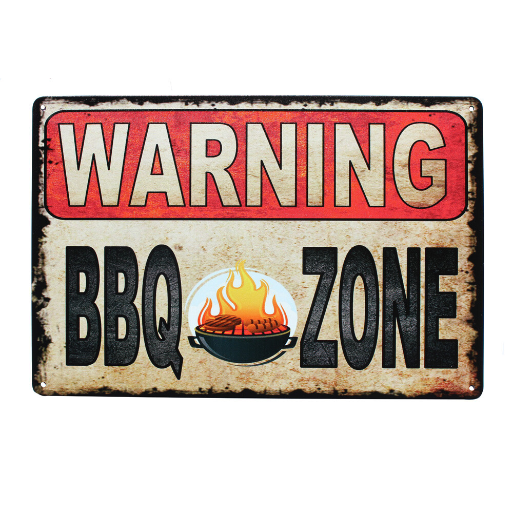 Warning Metal Tin Sign 300 x 200mm BBQ Zone Rustic Look Vintage Man Cave - Tin Sign Factory Australia