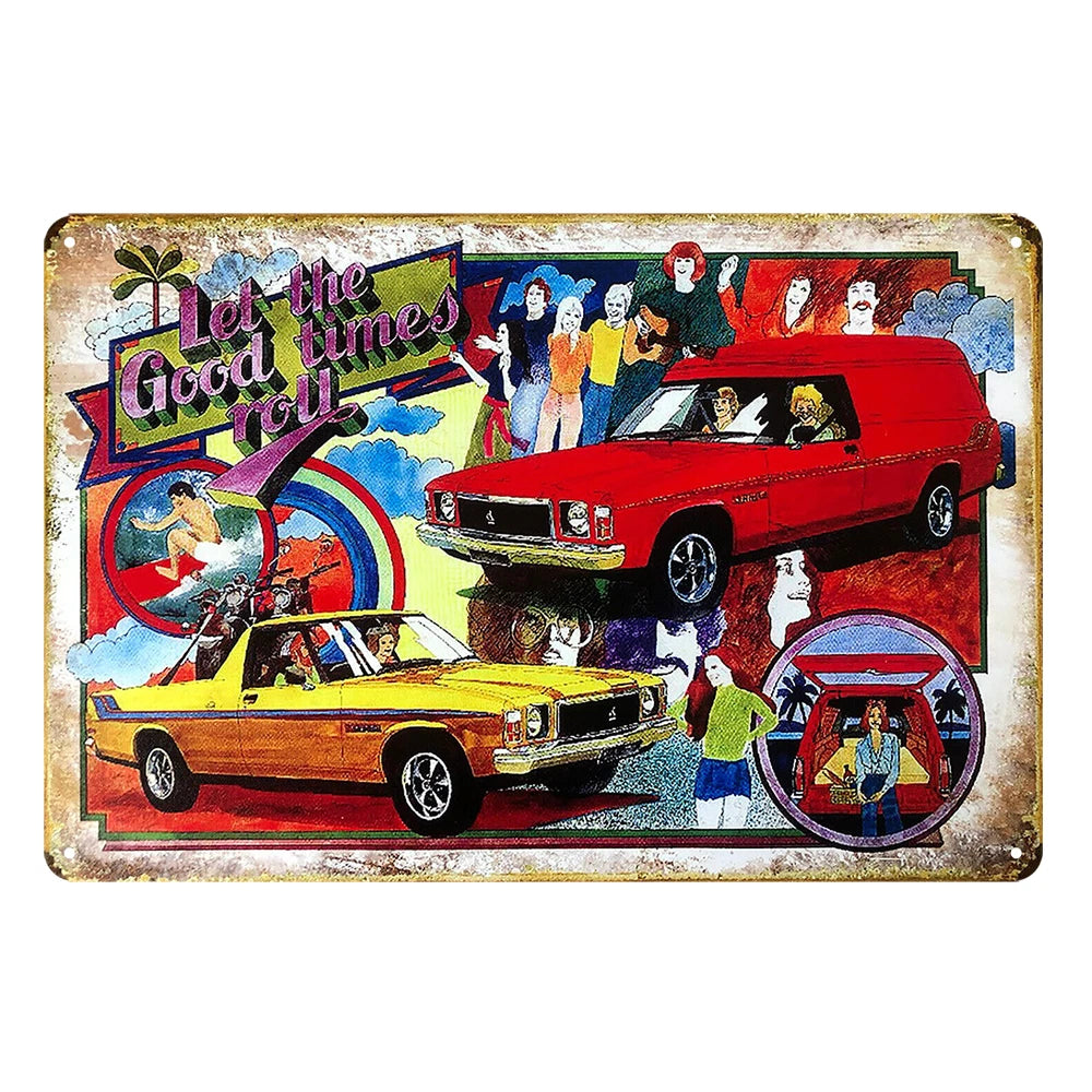 2x Holden Sandman Let Times Roll Rustic Metal Sign Vintage Tin Garage