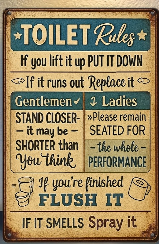 "Toilet Rules" Metal Sign Funny Bathroom Etiquette Wall Decor for Home