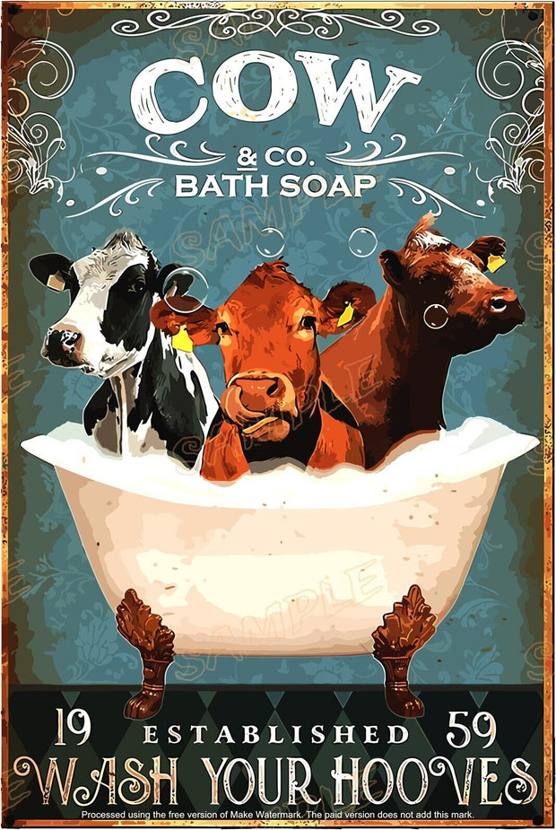 COW BATH Retro Home Bathroom Restroom Wall Décor Rustic Look Tin Metal Sign