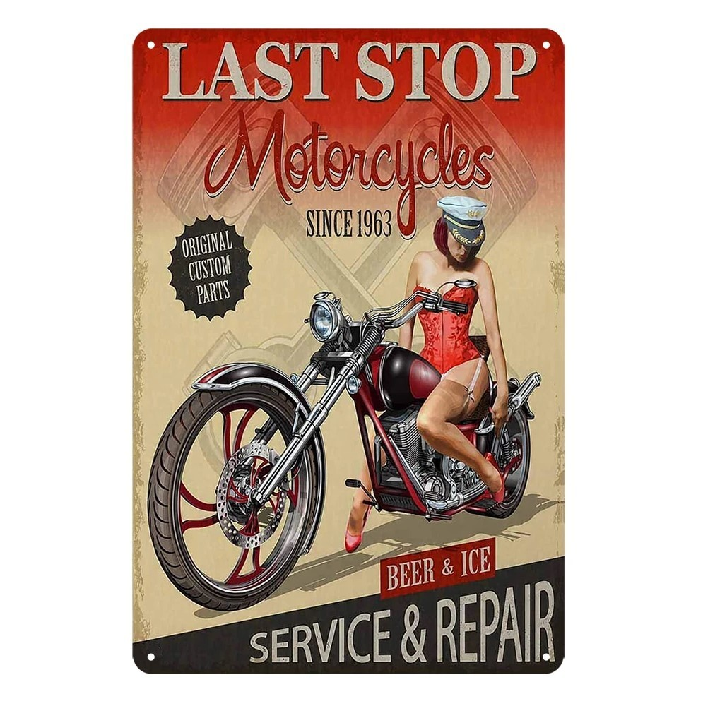 Pin Up Girl Sexy LAST STOP MOTORCYCLES Rustic Tin Sign Vintage Garage Wall Decor - Tin Sign Factory Australia