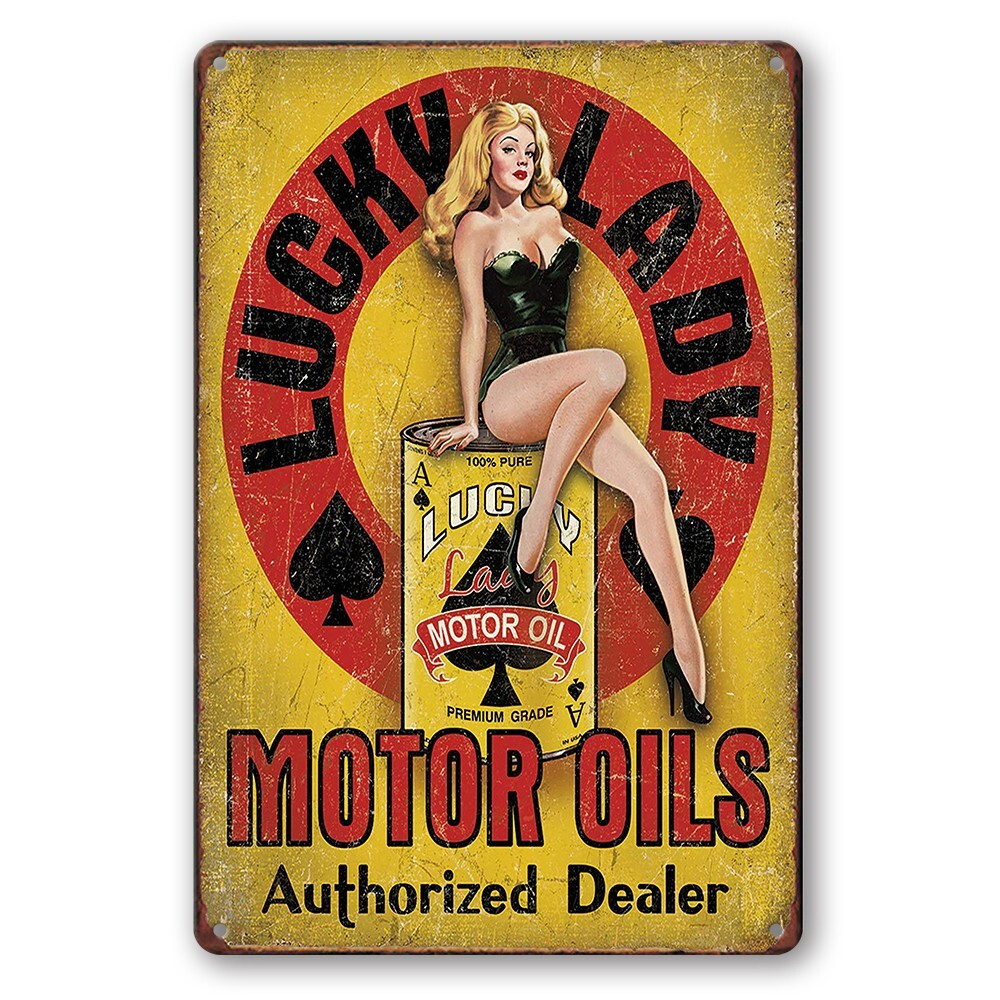 Tin Sign MOTOR OILS LUCKY LADY authorized Dealer Rustic Look Decorative Wall Art - Tin Sign Factory Australia