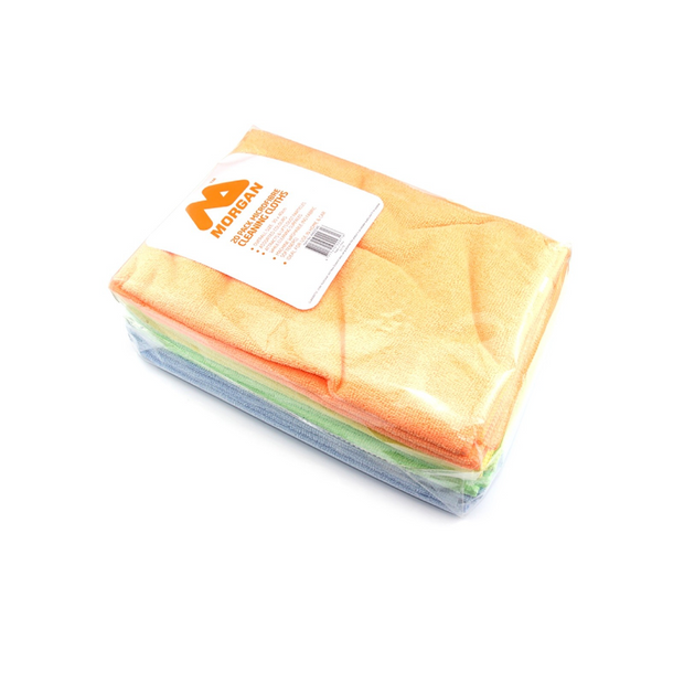 Set of colorful microfiber cloths with a brand label 