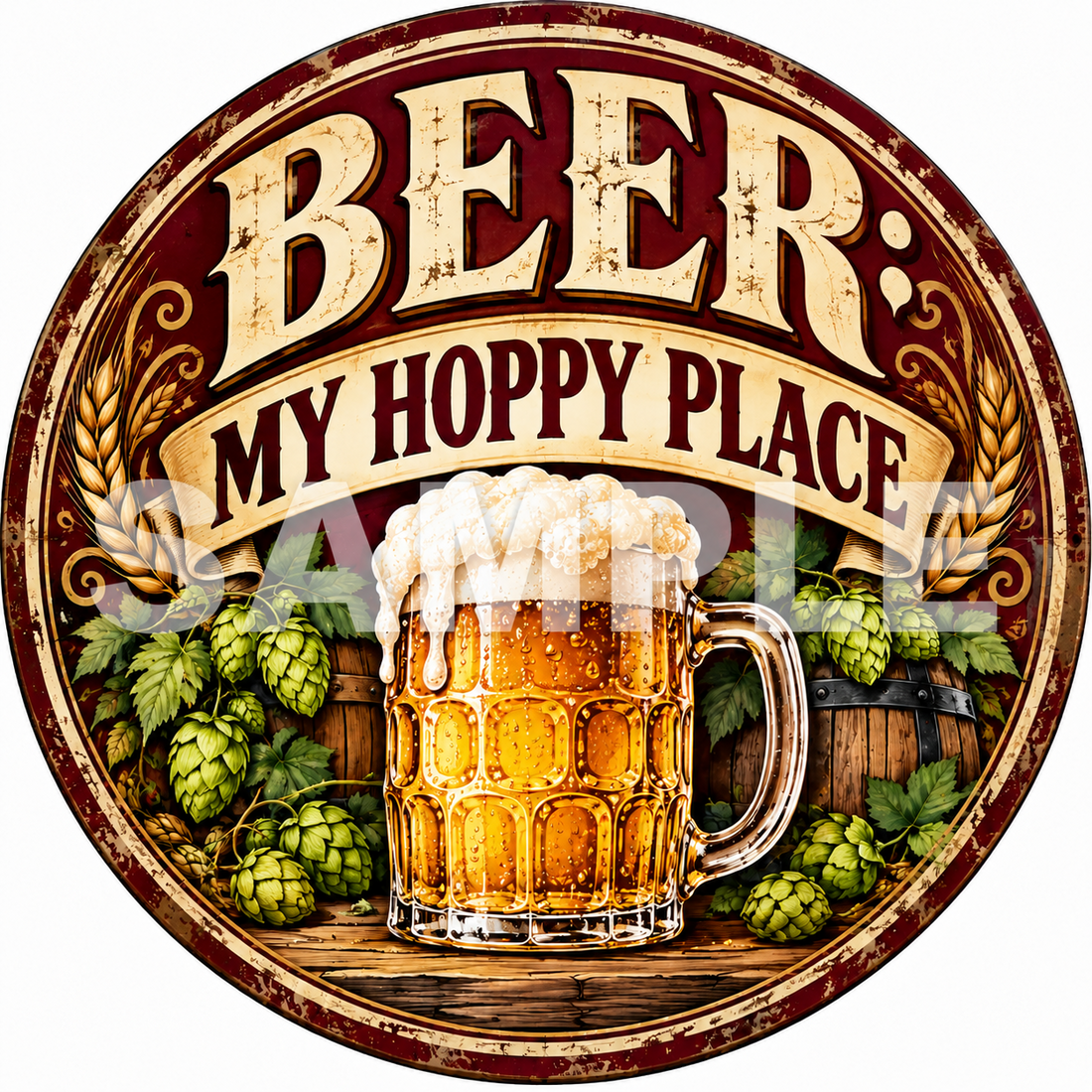 My Hoppy Place Round Metal Sign Vintage Beer Bar Pub Man Cave Wall Decor
