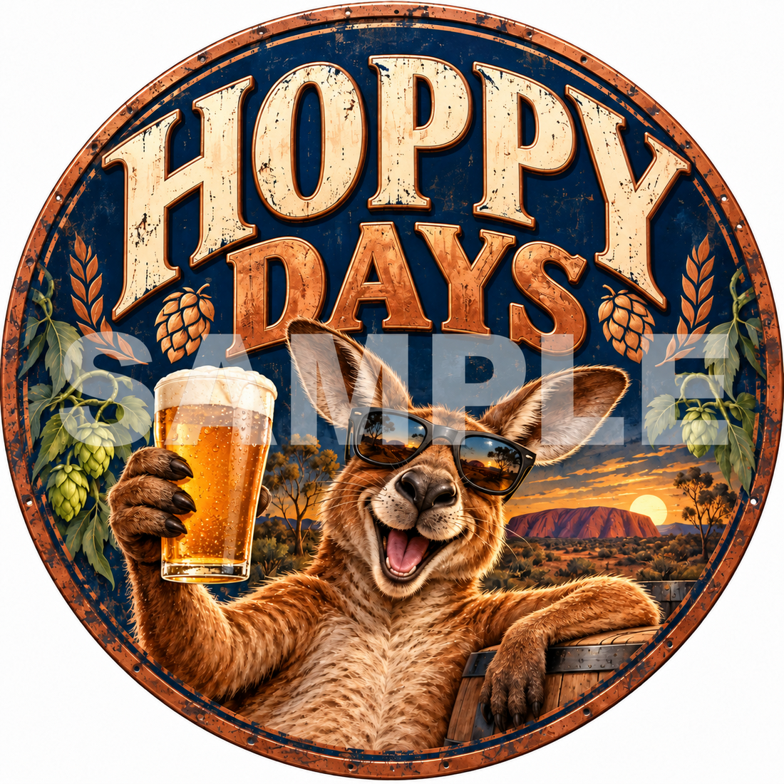 Hoppy Days Kangaroo Round Metal Sign Funny Aussie Beer Bar Man Cave Decor