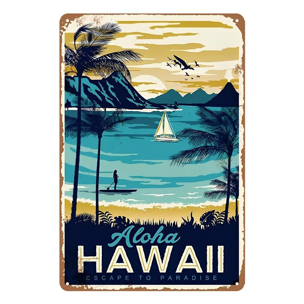 3x Aloha Hawaii Escape to Paradise Rustic Metal Tin Sign Vintage