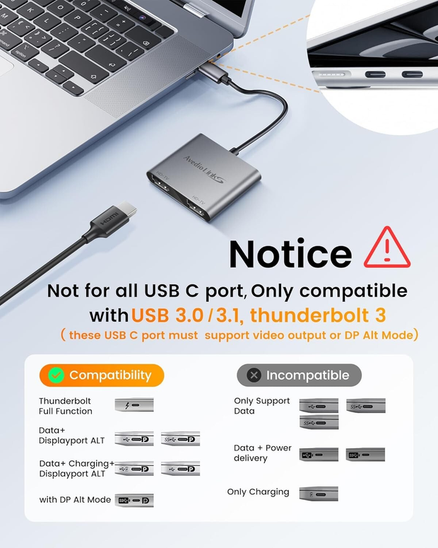 USB C to Dual HDMI Adapter 4K@60Hz Type C Splitter for Dual Monitors 30Hz Extend