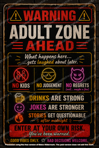 ADULT ZONE AHEAD Tin Metal Sign Home Pub Man Cave Shed Garage Funny Bar Decor - Tin Sign Factory Australia