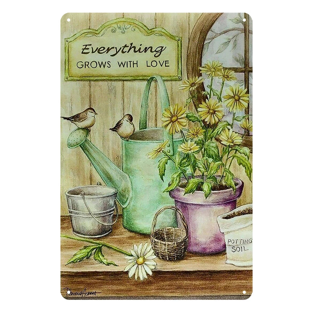 2x Everything Grows with Love Bird Garden Rustic Metal Sign Vintage