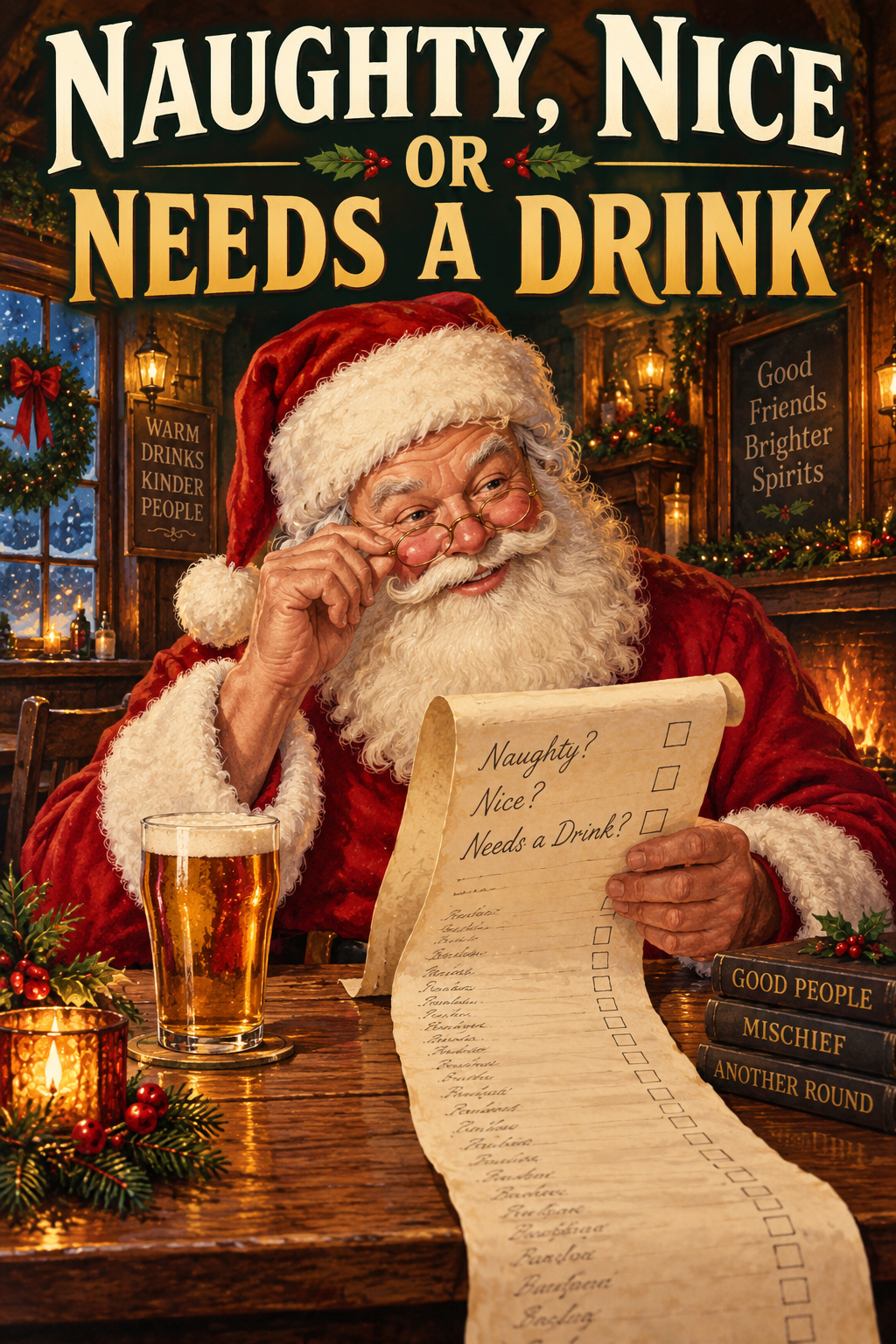 Naughty, Nice or Needs A Drink Christmas Man Cave Garage Bar & Shed Metal Sign