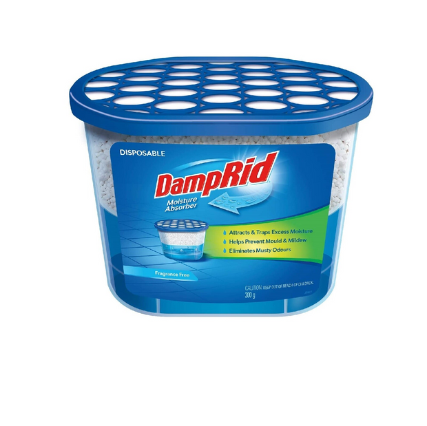 DampRid moisture absorber container with blue lid 