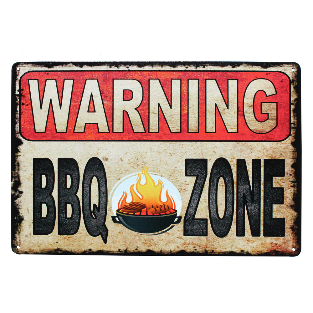 Warning Metal Tin Sign 300 x 200mm BBQ Zone Rustic Look Vintage Man Cave - Tin Sign Factory Australia