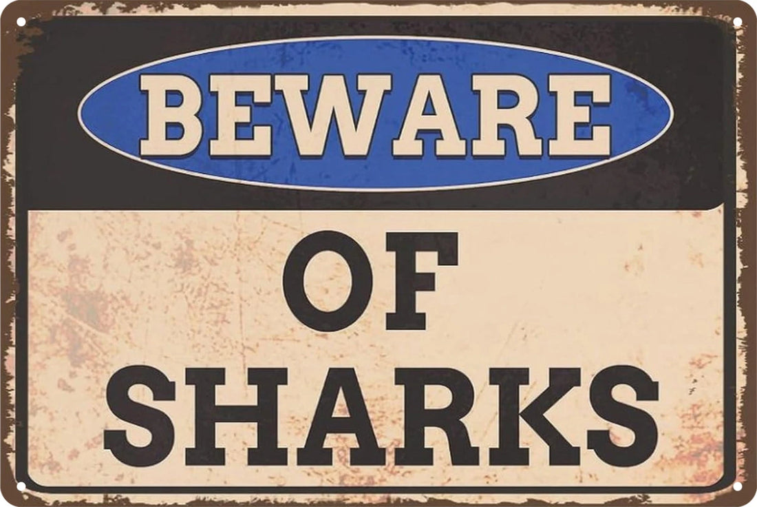 2x Warning Tin Sign Beware of Shark Beach Retro 20x30cm