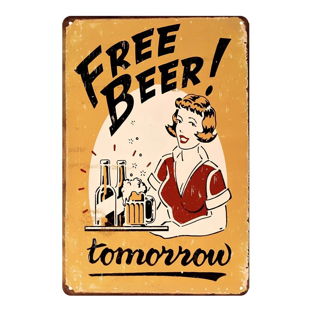 2x Free Beer Tomorrow Sexy Lady Drinking Funny Tin Sign Vintage