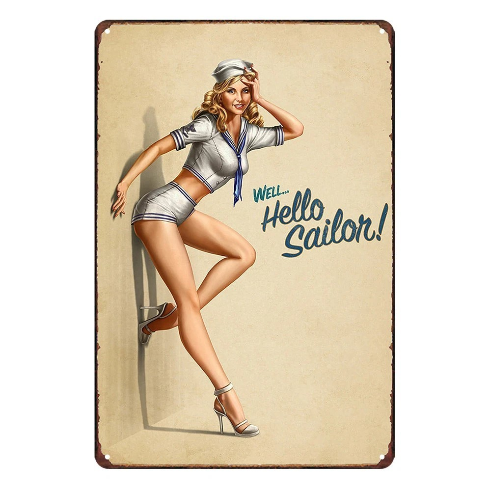 HELLO SAILOR Home Wall Man Cave Pub Bar Rustic Look Lady Pinup Decor Metal Sign - Tin Sign Factory Australia