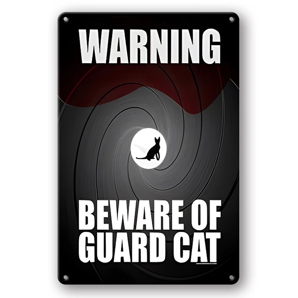 2x Tin Sign Warning Beware of Guard Cat Metal Plate Rustic Decorative