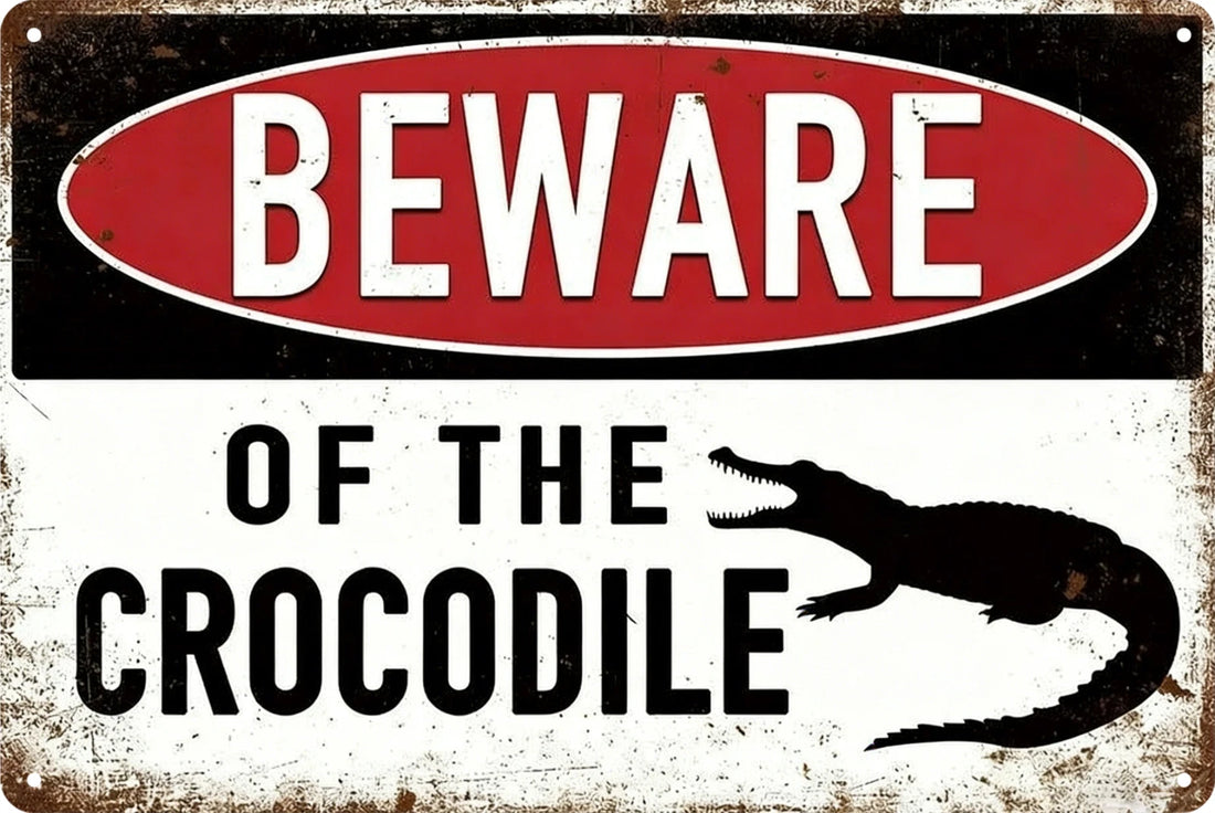 Beware of the Crocodile Beach Pool Swimming Warning Tin Sign Retro
