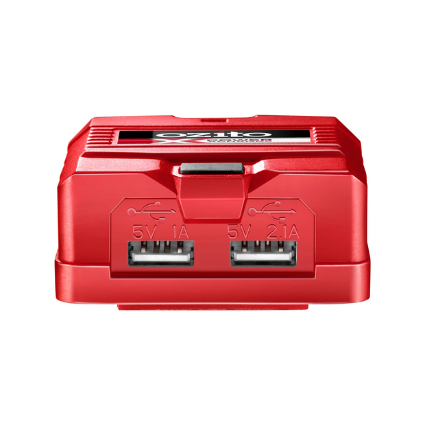 Red and white battery pack with 'ozito X PXC' branding 