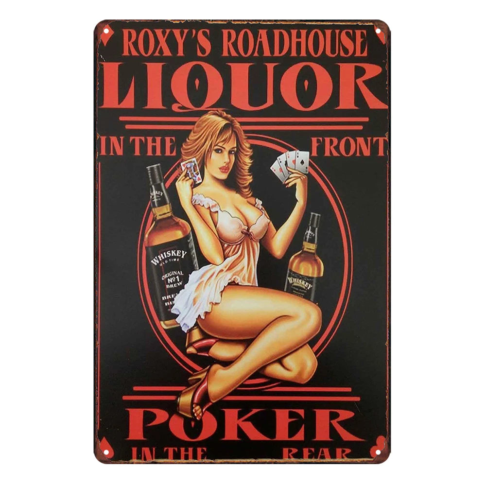 2x Whiskey Pin Up Girl Liquor Poker Roxy’s Roadhouse Rustic Tin Sign