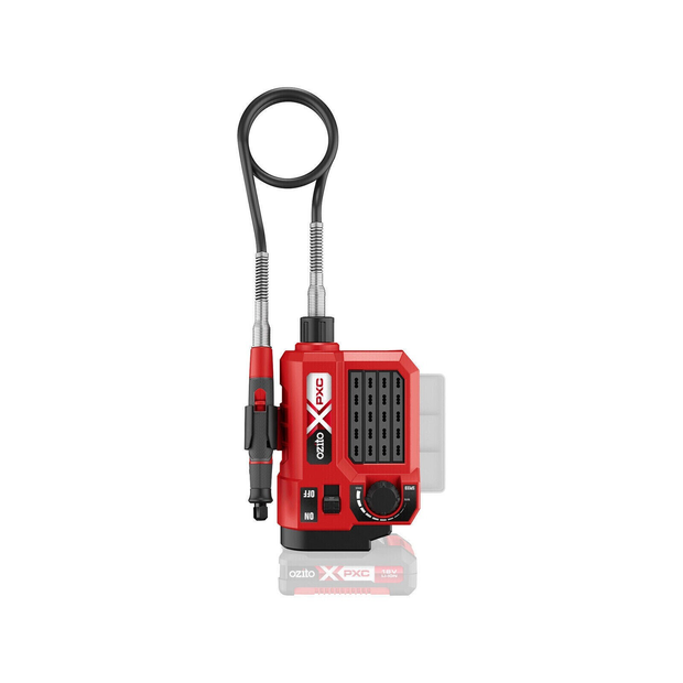 Red and black power tool with accessories 