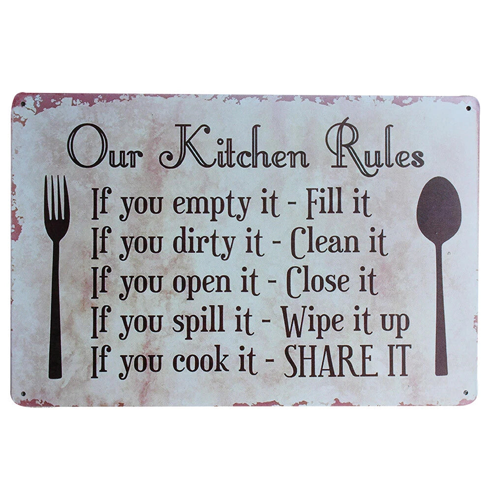3x Metal Tin Sign Our Kitchen Family Rules 200x300mm Home Décor