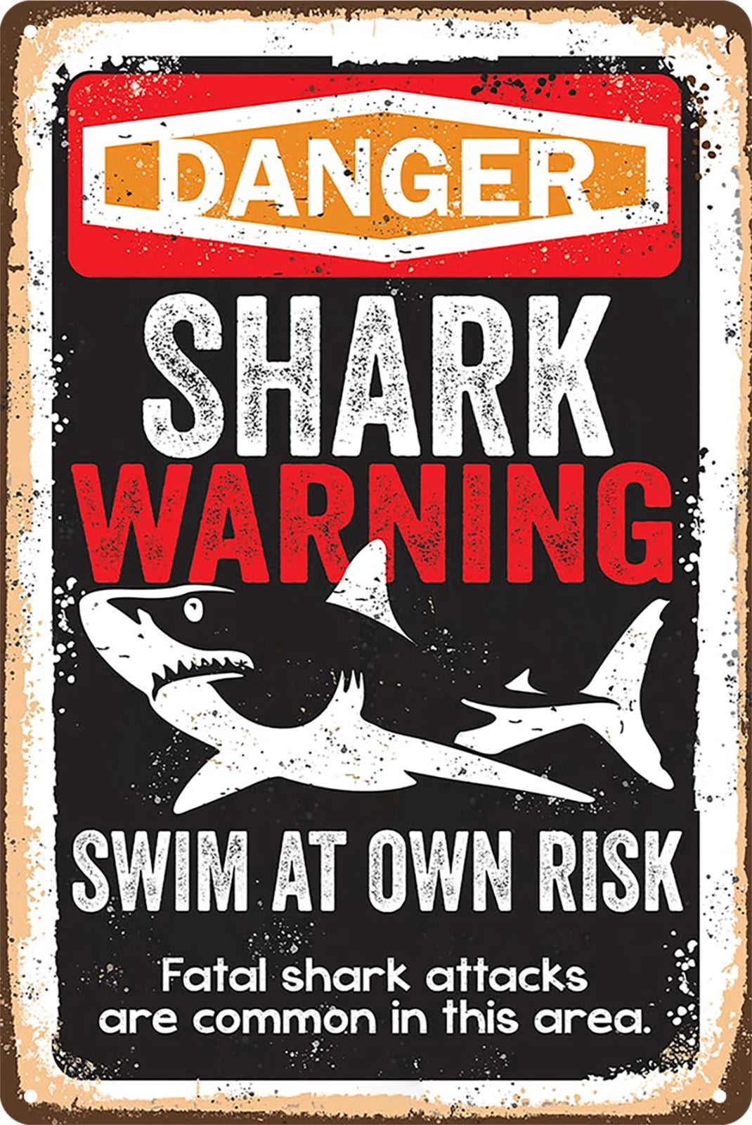 Danger Shark Warning Swim at Own Risk Rustic Look Vintage Retro