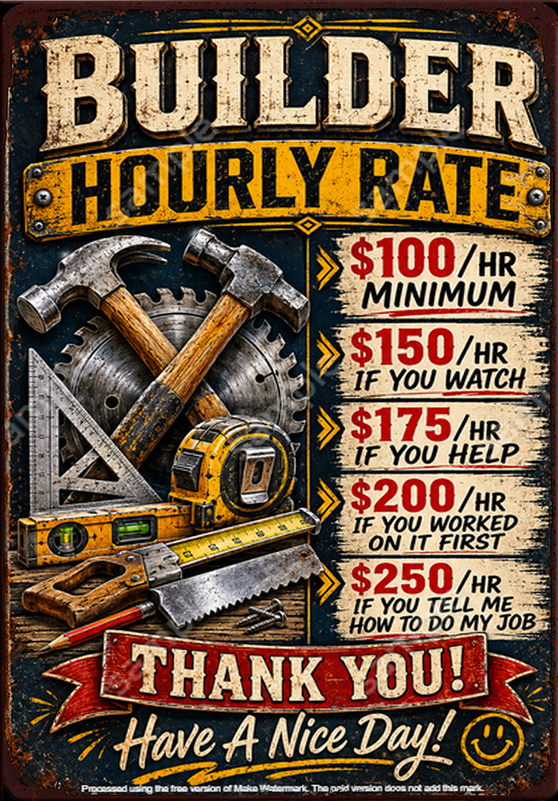 Vintage Look Builder Hourly Rate Metal Sign Funny Carpenter Workshop Wall Decor